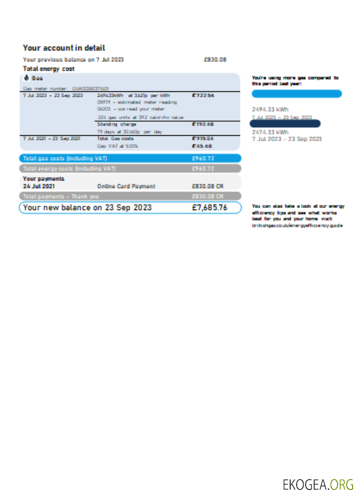 Facture commerciale pour les services publics de British Gas Energy SCR page 2